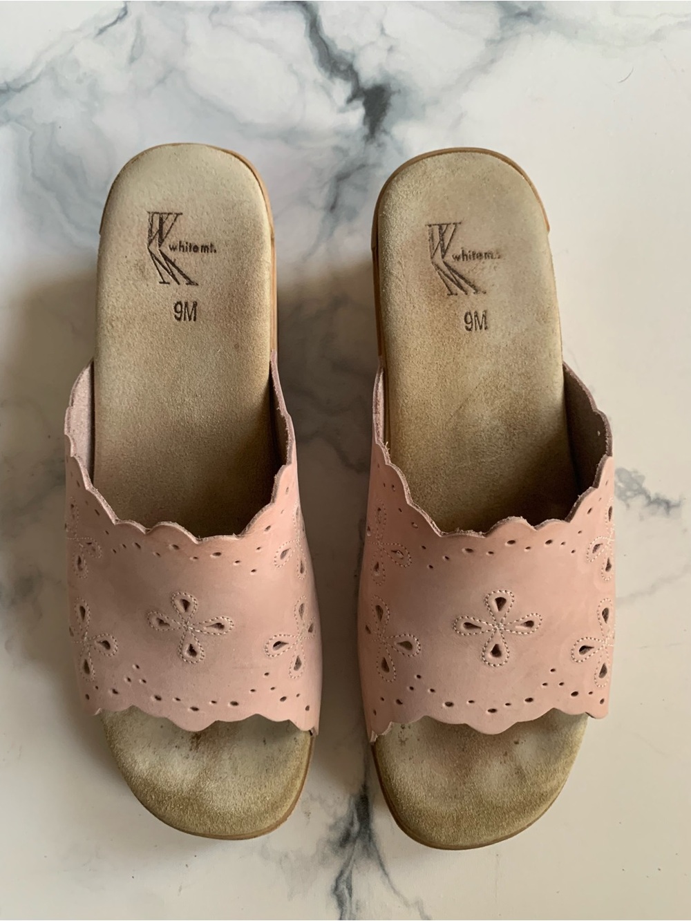 White Mt. Women's Pink Scalloped Eyelet Leather Slide Sandals Slip-On Casual 9M